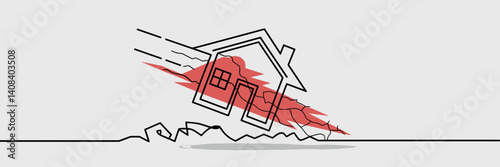 Line art of falling house with financial instability symbols – Great for real estate market analysis, economic downturn, or mortgage crisis discussions.
