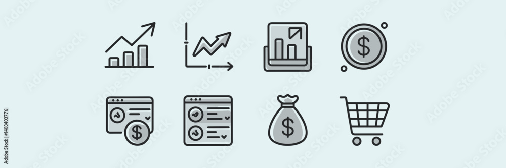 Vector sheet of minimalist stock market icons on a white background – Perfect for modern financial illustrations, stock market platform designs, or e-commerce content. Vector sheet of minimalist stock market icons on a white background – Perfect for modern financial illustrations, stock market platform designs, or e-commerce content.