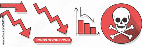 Stock market crash icon sheet with arrows, falling graph, and skull and crossbones – Great for financial warnings, market risk content, or investment advice.