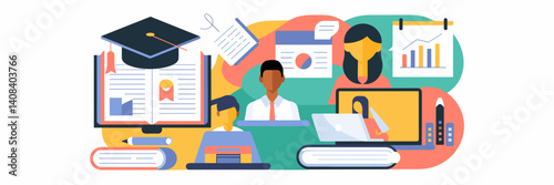 Education and online learning icon set with graduation cap, book, and student – Ideal for e-learning content, study tools, or educational materials.
