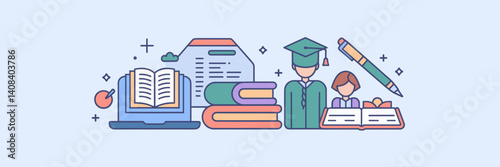Education and online learning icons with laptop, books, and teacher – Perfect for e-learning, educational platforms, or online course promotions.