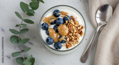 Wallpaper Mural Yogurt in glass with blueberries peanut butter and granola on white surface. Torontodigital.ca