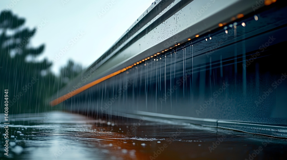 Obraz premium Durable metal rain gutter system secured to roof for effective rainwater drainage and protection