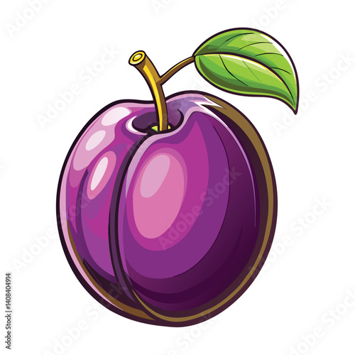 Juicy, whole plum with stem and leaf