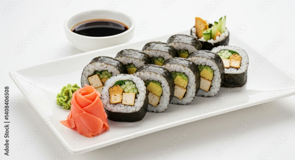 Sushi rolls on a white plate with soy sauce and ginger. Sushi rolls on a white plate with soy sauce and ginger.