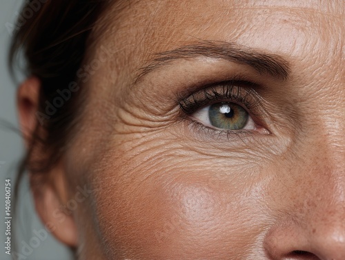 Detailed close-up of a mature womans face, highlighting natural wrinkles and skin texture, symbolizing aging gracefully and beauty. Perfect for skincare ads, health articles, and beauty campaigns.
