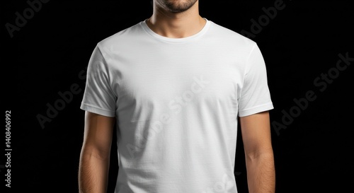 Man wearing white t-shirt against a black background torso and upper body.
