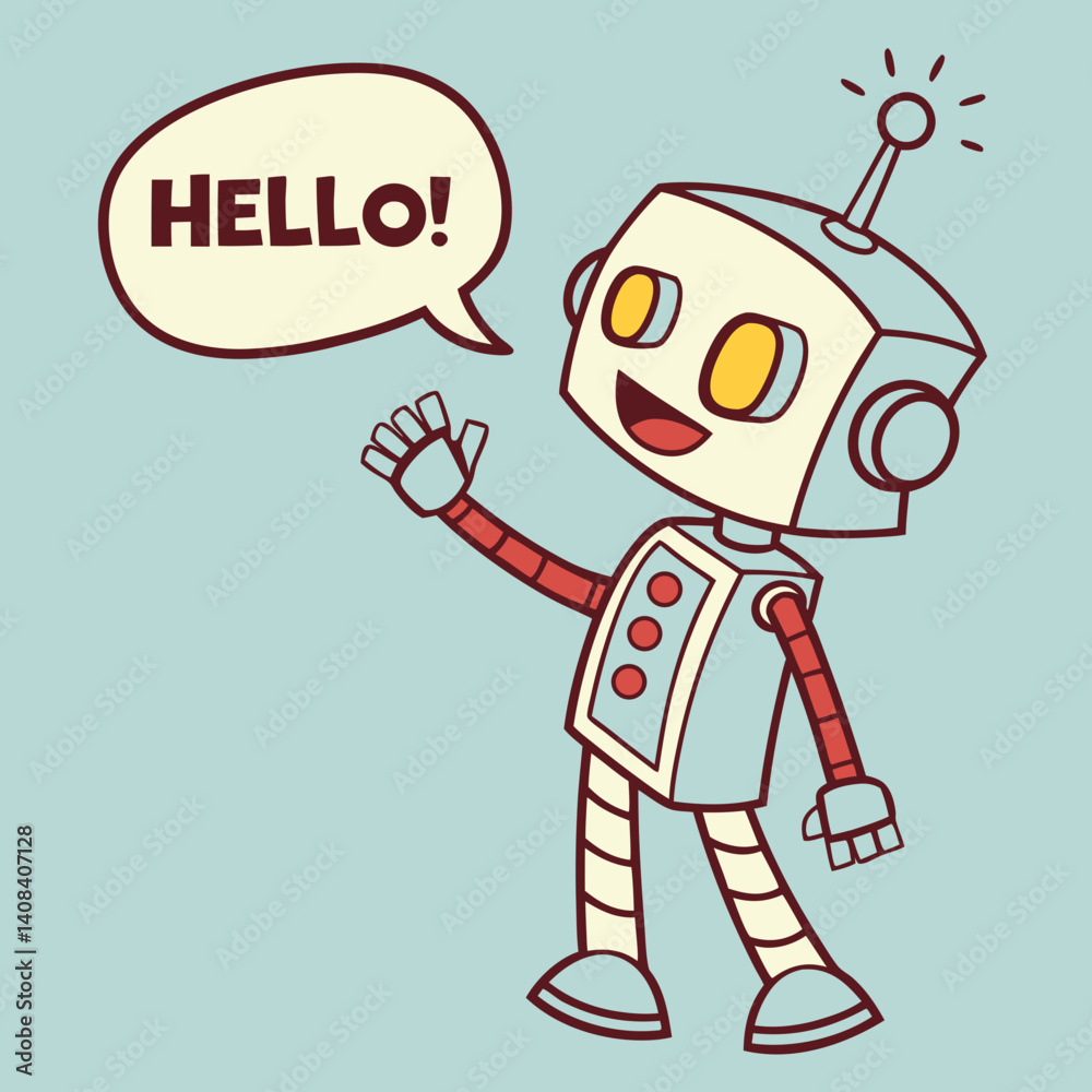 Obraz premium Pop Art Robot Character Waving – Comic Tech Style