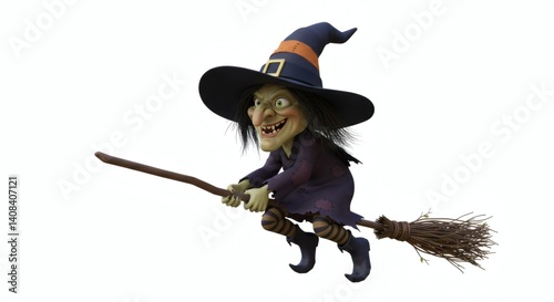 3d flying ugly witch on the broom, Happy Halloween on white background