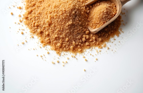 Pile unrefined cane sugar Panela with wooden scoop on white background. Top view, copy space. Brown granulated sugar product. Organic, natural sweetener for coffee, tea, baking. Latin American