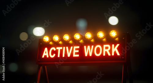 Illuminated Active Work Sign At Night Promoting Road Repairs And Construction photo
