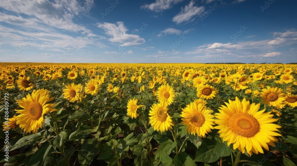 Obraz premium Vast sunflower field under a bright blue sky, symbolizing summer, growth, and abundance. Ideal for agriculture, nature documentaries, and inspirational backgrounds.
