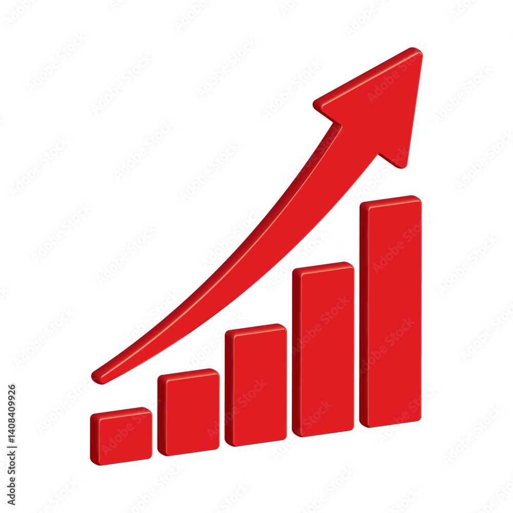 Growing business 3d red arrow on white. Profit red arrow, Vector illustration.Business concept, growing chart. Concept of sales symbol icon with arrow moving up. Economic Arrow With Growing Trend. Growing business 3d red arrow on white. Profit red arrow, Vector illustration.Business concept, growing chart. Concept of sales symbol icon with arrow moving up. Economic Arrow With Growing Trend.