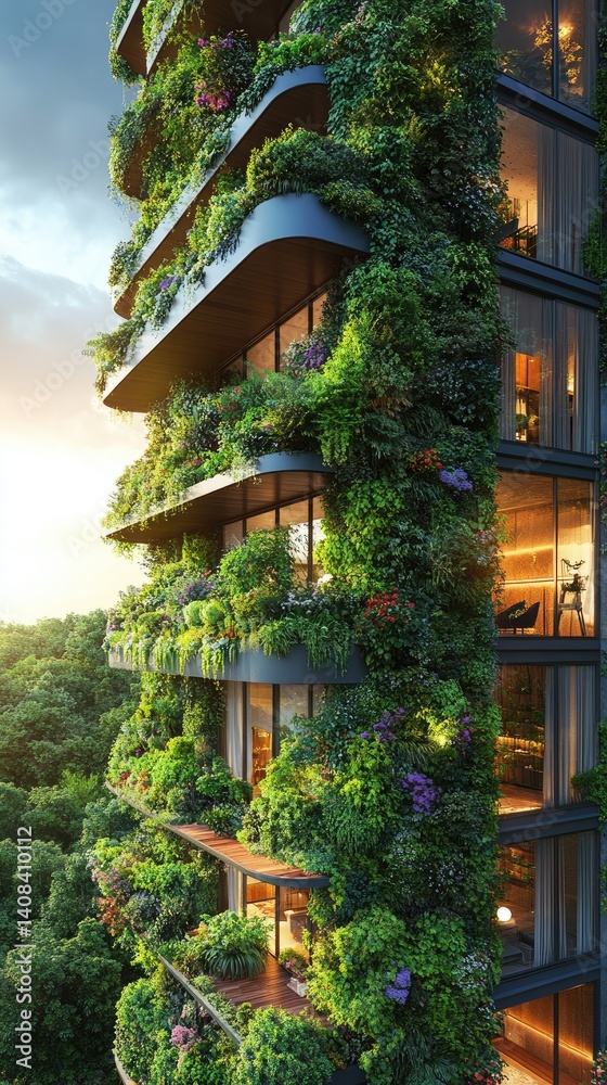 A modern skyscraper featuring vertical gardens with abundant greenery and flowers A modern skyscraper featuring vertical gardens with abundant greenery and flowers