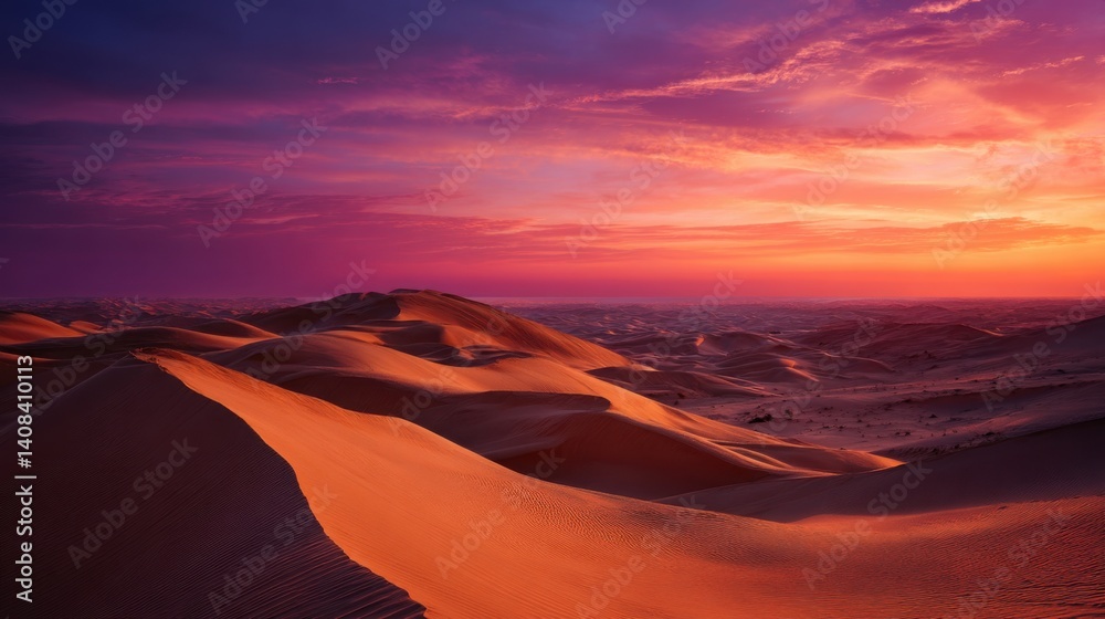 Naklejka premium Breathtaking desert landscape with rolling sand dunes under a vibrant sunset sky, representing tranquility and vastness. Perfect for travel blogs, nature documentaries, and inspirational backgrounds.