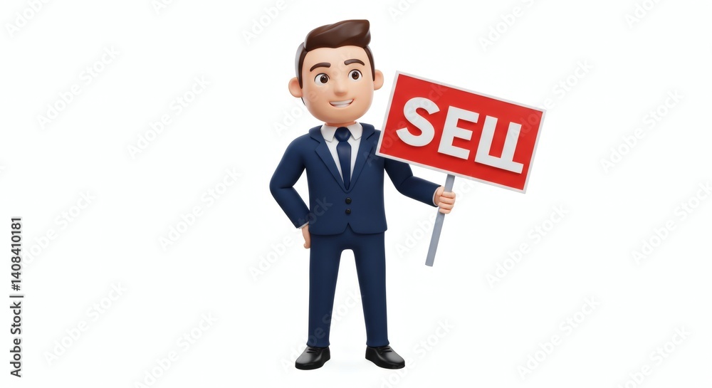a businessman, holding a sign with sell written on it red and white, 3d render cartoon on white background a businessman, holding a sign with sell written on it red and white, 3d render cartoon on white background