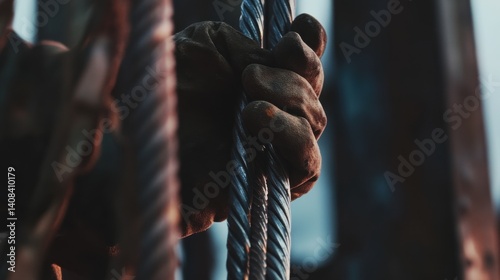 Ironworker attaching metal reinforcements to building framework. Featuring skill and strength