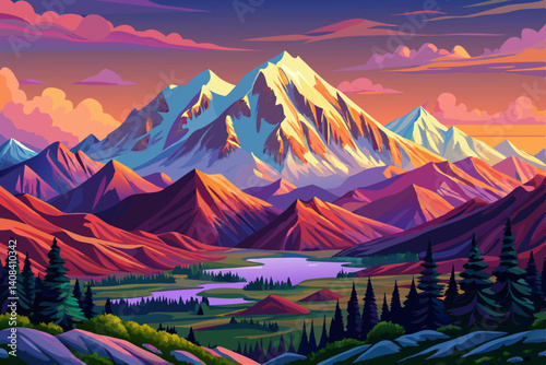 Alaska Denali National Park at sunset time with pine trees, cartoon design Flat style illustration