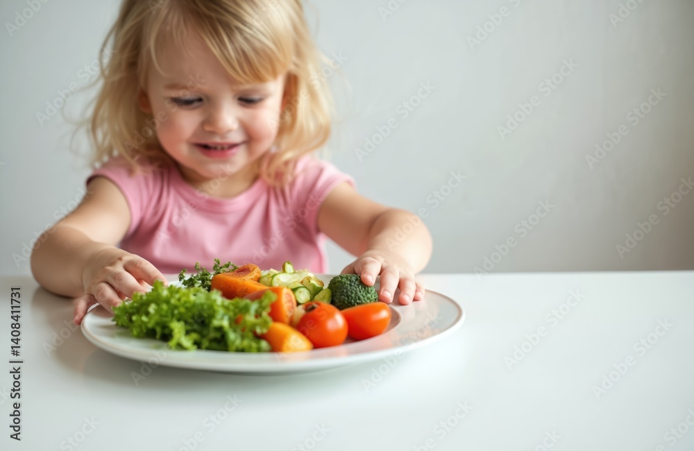 Young girl looks at plate of vegetables. Healthy toddler at the table with fresh vegetables, refusing healthy food. Girl, kid dislike diet food. Children food habits and nutrition. Young girl looks at plate of vegetables. Healthy toddler at the table with fresh vegetables, refusing healthy food. Girl, kid dislike diet food. Children food habits and nutrition.