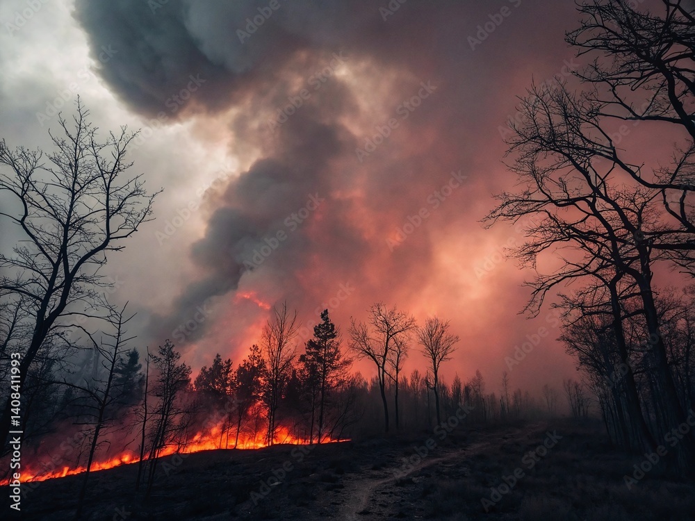 Fototapeta premium Dark maroon and ash grey sky illuminated by ember veils of a forest fire at dusk