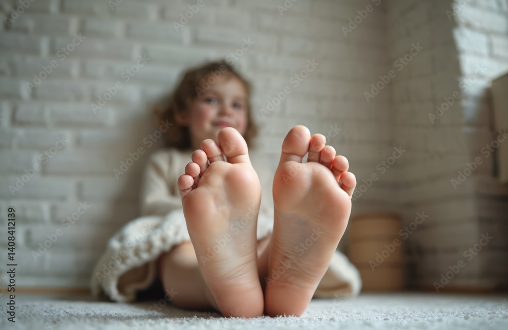 Naklejka premium Young girl relaxes indoors. Bottom view of girl bare feet, soft skin, smooth soles. Childhood health, wellness, skincare. Cozy home environment. Concept of family, comfort, relaxation, resting, happy