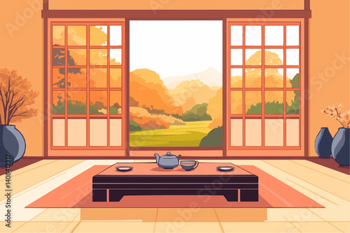 伝統的な和室を描いたアニメスタイルのベクター背景。Flat vector-style anime background of a traditional tatami room with soft lighting. Perfect for cultural themes or character scenes