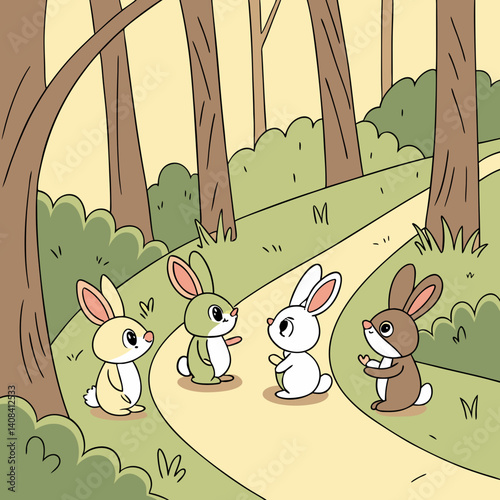Some cartoon rabbits are positioned along a path in a forest some  rabbits stand in a row, facing  some rabbit who is standing slightly apart from them. Generative ai.