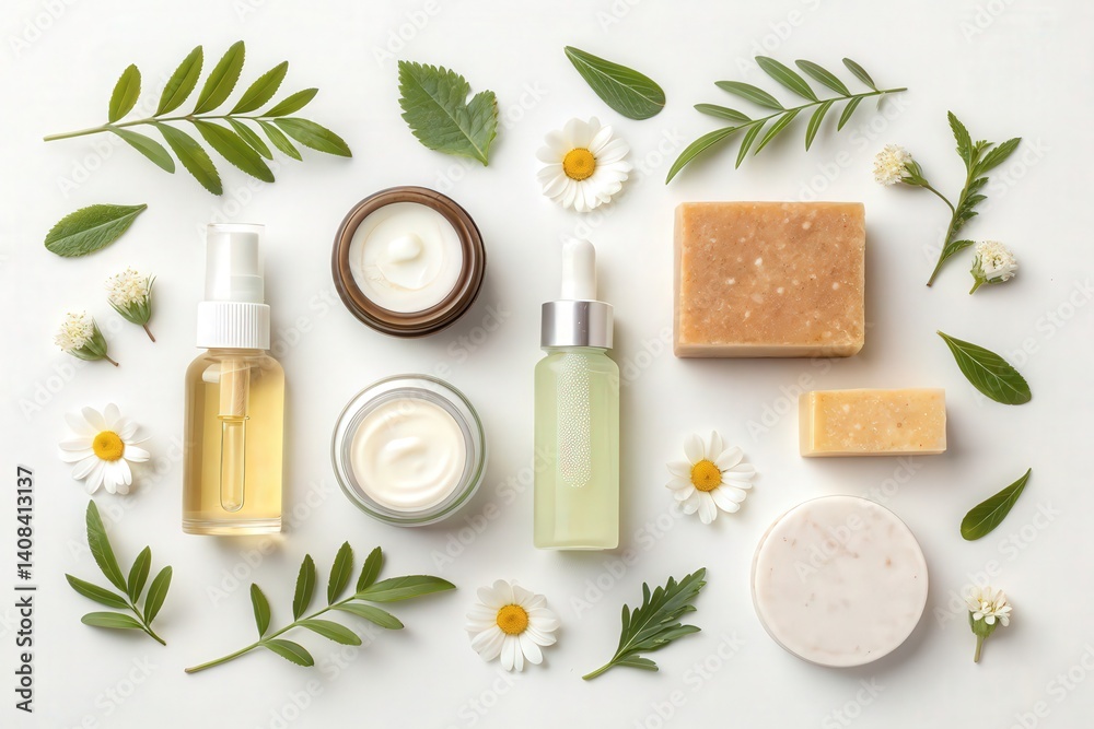 A serene arrangement of skincare products and natural elements, featuring creams, oils, and soaps surrounded by fresh leaves and flowers. A serene arrangement of skincare products and natural elements, featuring creams, oils, and soaps surrounded by fresh leaves and flowers.