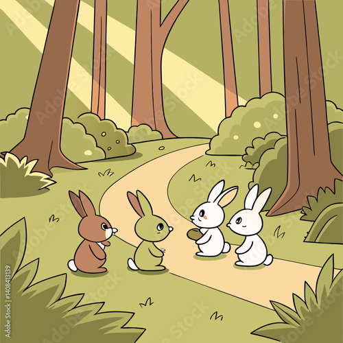 Some cartoon rabbits are positioned along a path in a forest some  rabbits stand in a row, facing  some rabbit who is standing slightly apart from them. Generative ai.