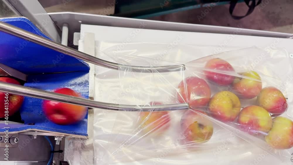 Automatic machine packing apples into plastic sachets on production ...