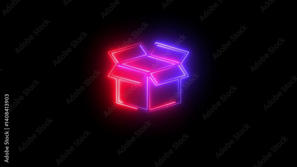 Glowing neon line Open box neon box package delivery service red blue color icon motion graphic on black background.. Glowing neon line Open box neon box package delivery service red blue color icon motion graphic on black background..