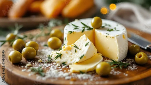 Camembert and green olives. 