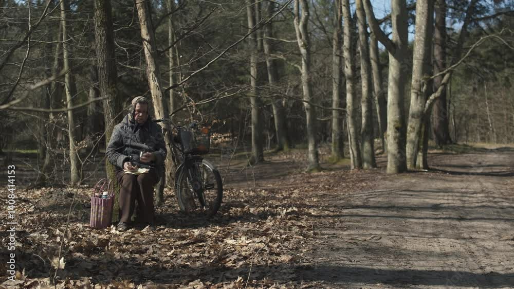 Elderly woman in modest clothes eating black bread sandwich and drinking tea from thermos while sitting on tree stump in forest next to her bicycle. Elderly woman in modest clothes eating black bread sandwich and drinking tea from thermos while sitting on tree stump in forest next to her bicycle.