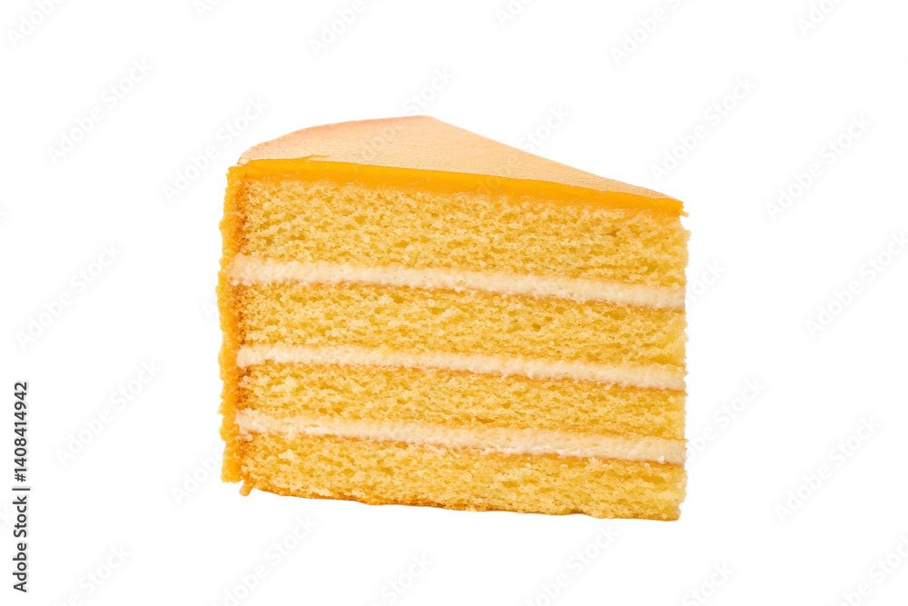 Fototapeta premium Slice of yellow cake with a white filling, isolated