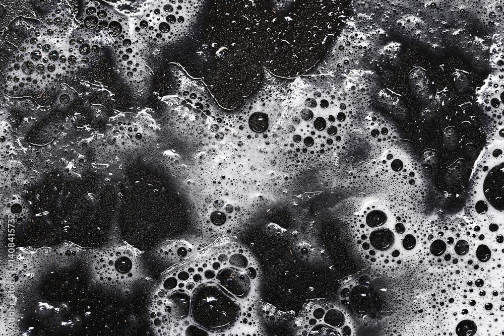 Black foam bubbles. Soap and water texture. Abstract foam surface. Cleaning background. Liquid bubbles closeup. Dark wet surface. Car wash detail. Soap suds pattern. Shiny foam texture.