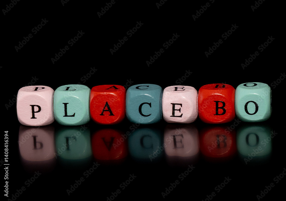 The word Placebo made of cubes with colored letters on a black background