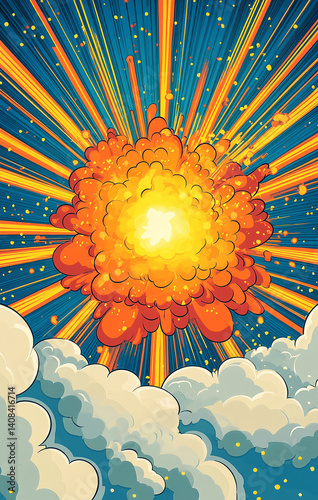 A vibrant explosion of orange and yellow bursts through a dark blue sky, radiating energy and light.