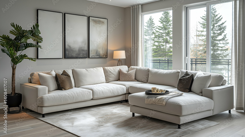 Fototapeta premium Neutral sectional sofa in elegant living room design for spacious comfort