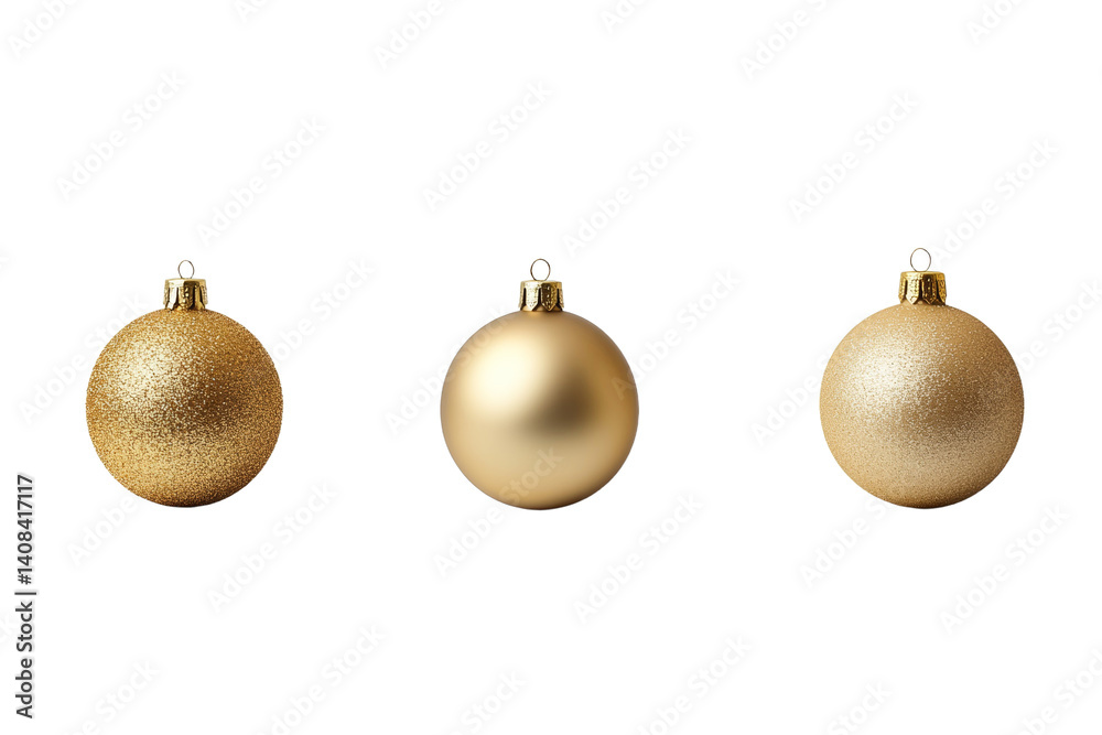 Three gold ornaments are displayed on a white background, isolated Three gold ornaments are displayed on a white background, isolated