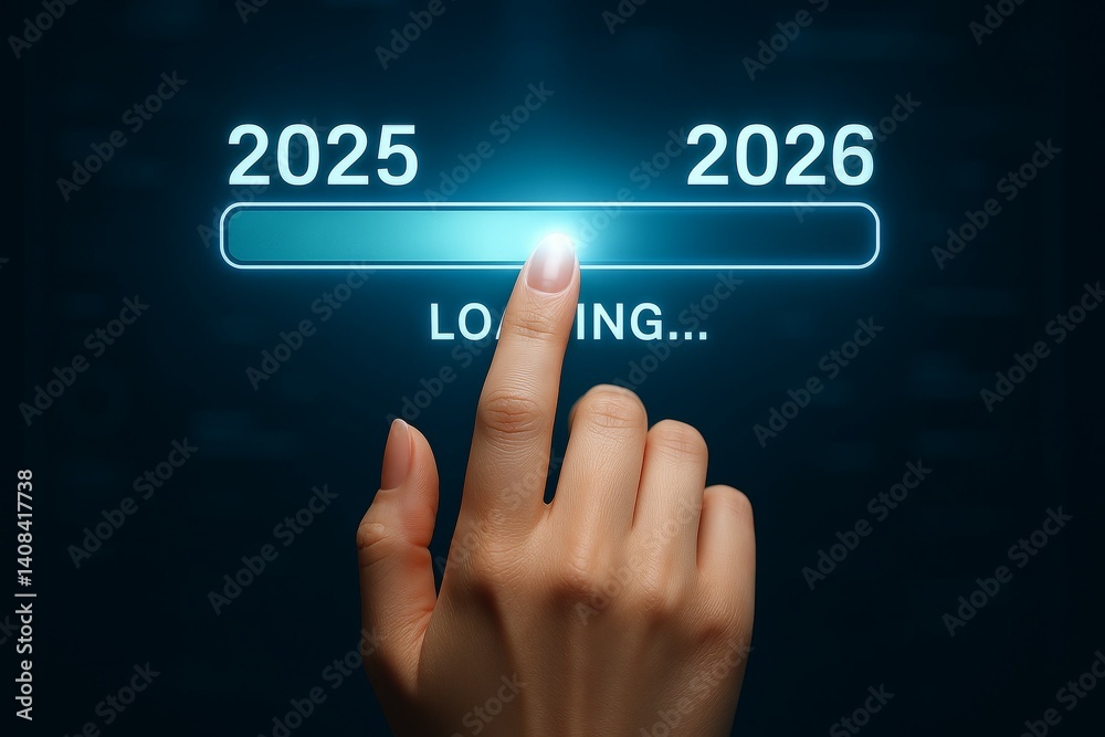 Hand touching loading bar with 2025 to 2026 transition highlighted