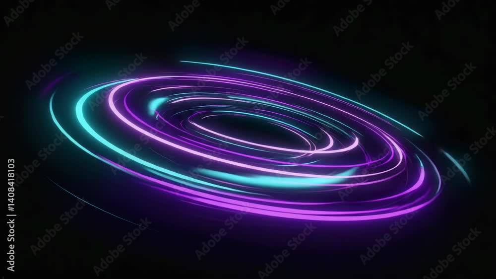 Abstract luminous concentric circles, spiral shape, blue and violet neon trails, glowing lines with light effects against black backdrop Abstract luminous concentric circles, spiral shape, blue and violet neon trails, glowing lines with light effects against black backdrop