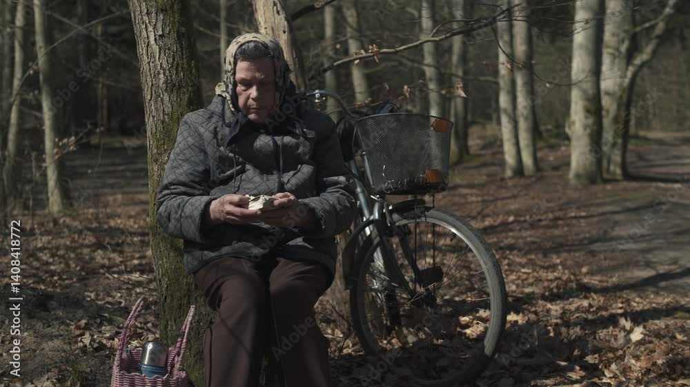 Elderly woman in modest clothes eating black bread sandwich while sitting on tree stump in forest next to her bicycle. Montage. Elderly woman in modest clothes eating black bread sandwich while sitting on tree stump in forest next to her bicycle. Montage.
