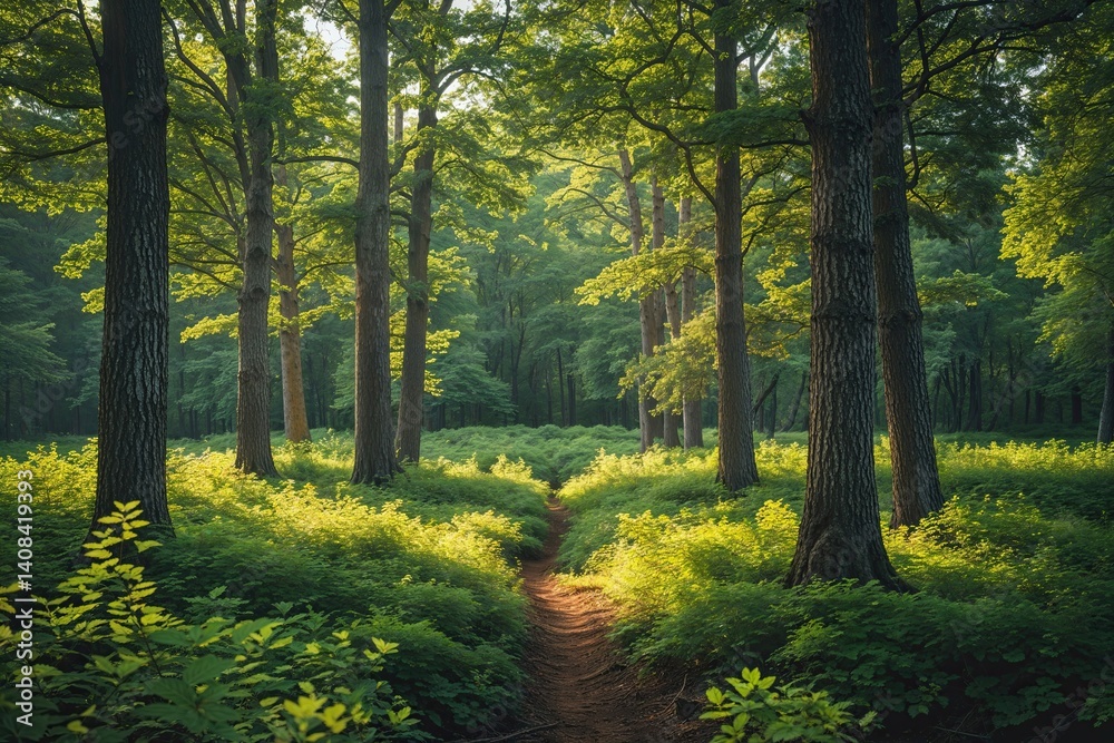 Obraz premium Forest Trees in Natural Light with Green Foliage and Wooden Textures