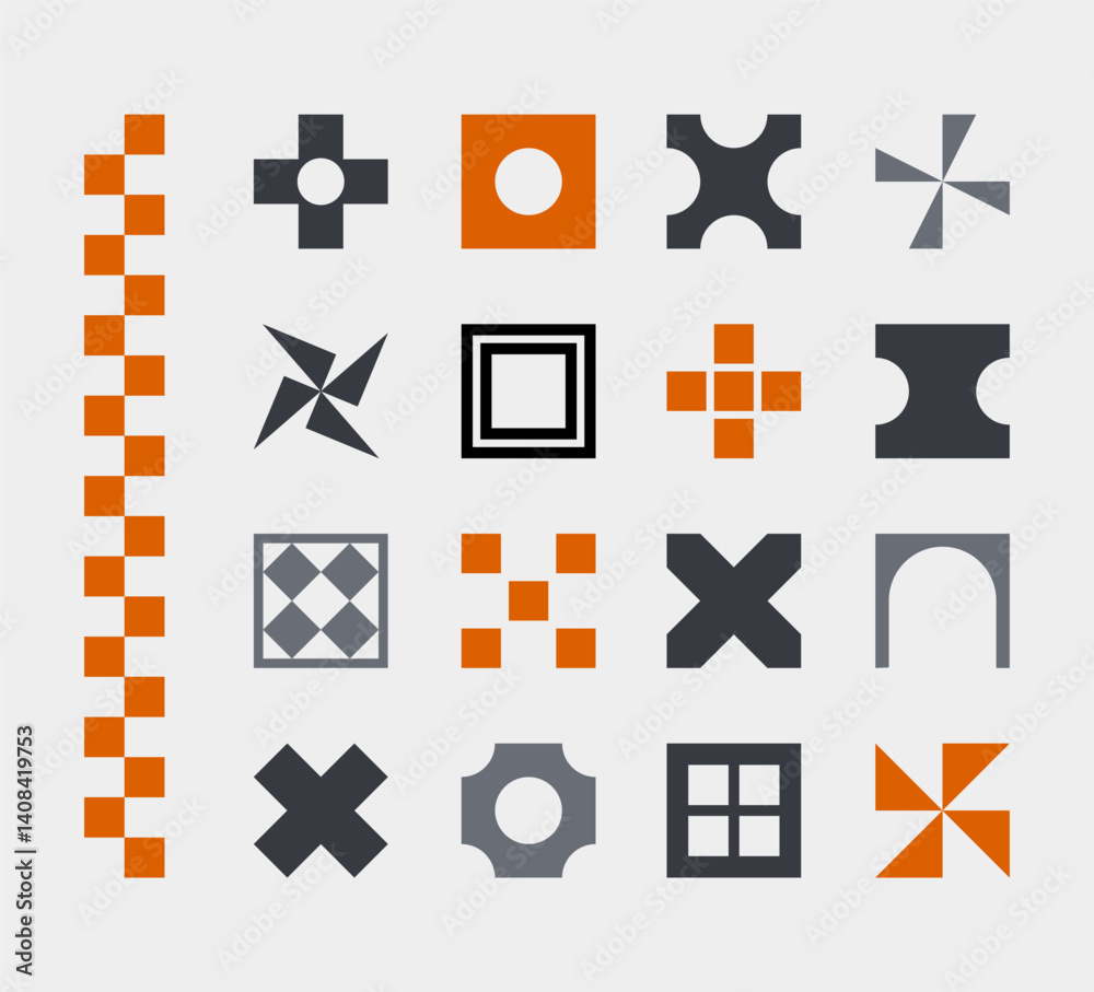 Obraz premium Abstract geometric elements , set gray orange black minimal shapes, swiss design on white background