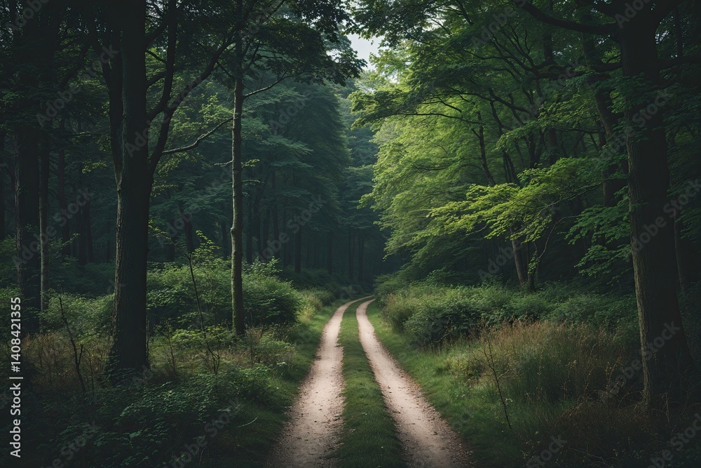Fototapeta premium Dark Moody Forest Path with Green Trees in a Vintage Natural Background