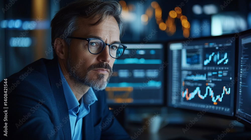 Fototapeta premium Professional man analyzing stock market data in modern office environment during evening hours