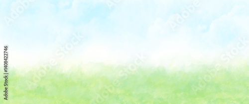 Abstract summer watercolor vector landscape with blue sky, white clouds and green field for background, banner, flyers, poster, social media, ads. Modern hand draw illustration.