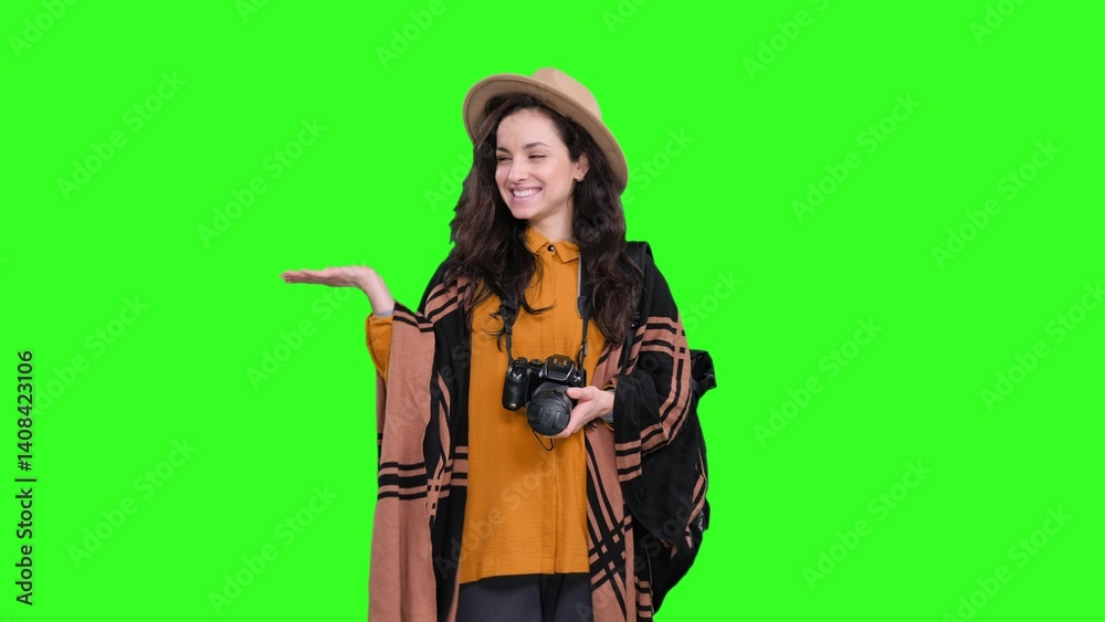Happy female traveler holding camera, pointing copy space on the chroma key Happy female traveler holding camera, pointing copy space on the chroma key