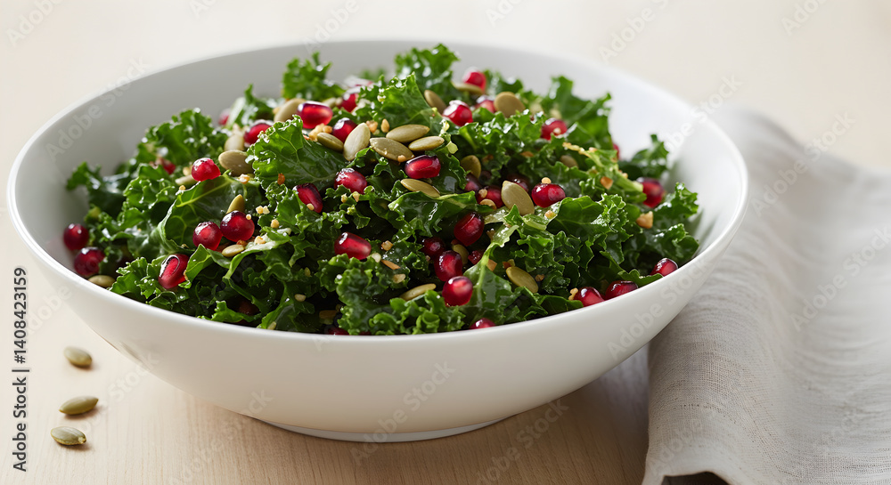 Bowl Of Fresh Kale Salad With Pomegranate And Pumpkin Seeds Garnished Bowl Of Fresh Kale Salad With Pomegranate And Pumpkin Seeds Garnished