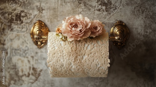 Ornate gold-toned paper towel holder adorned with delicate lace and pastel flowers. photo